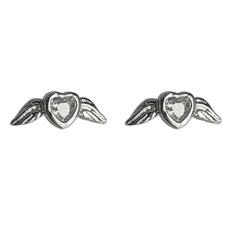 Minimalist Copper Micro Pave Zircon Heart Angel Wing Stud Earrings For Women