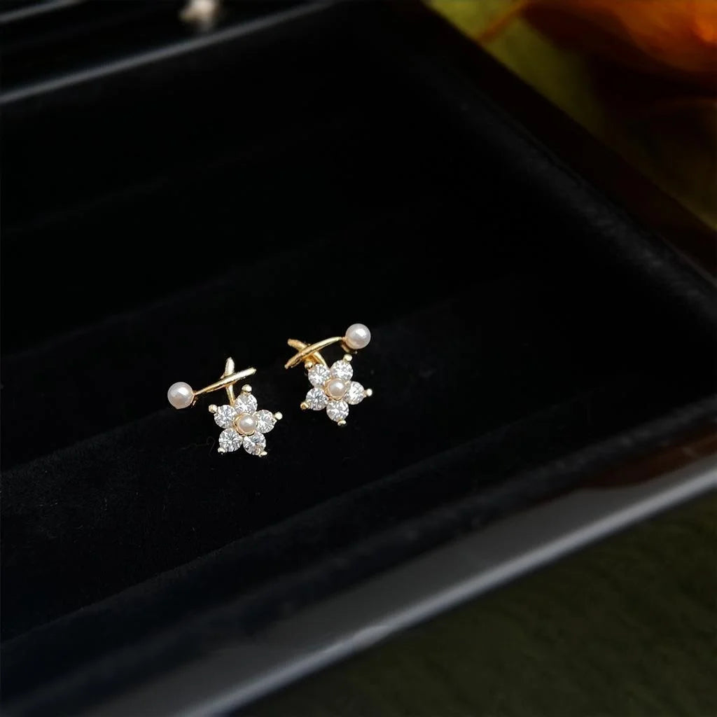 Mini Zircon Flower Stud Earrings 14K Gold Plated Copper Light Luxury Style