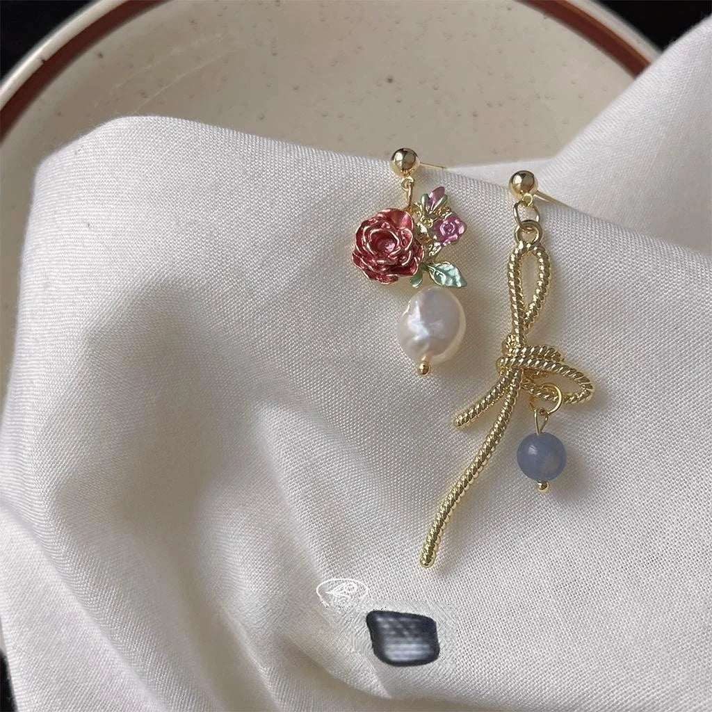 French Vintage Baroque Freshwater Pearl Asymmetric Flower Long Drop Earrings Silver Plated
