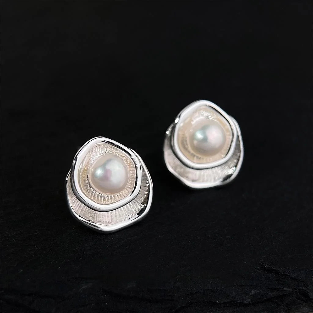 14K Plated Copper Freshwater Pearl Geometric Stud Earrings Artistic Designer Style