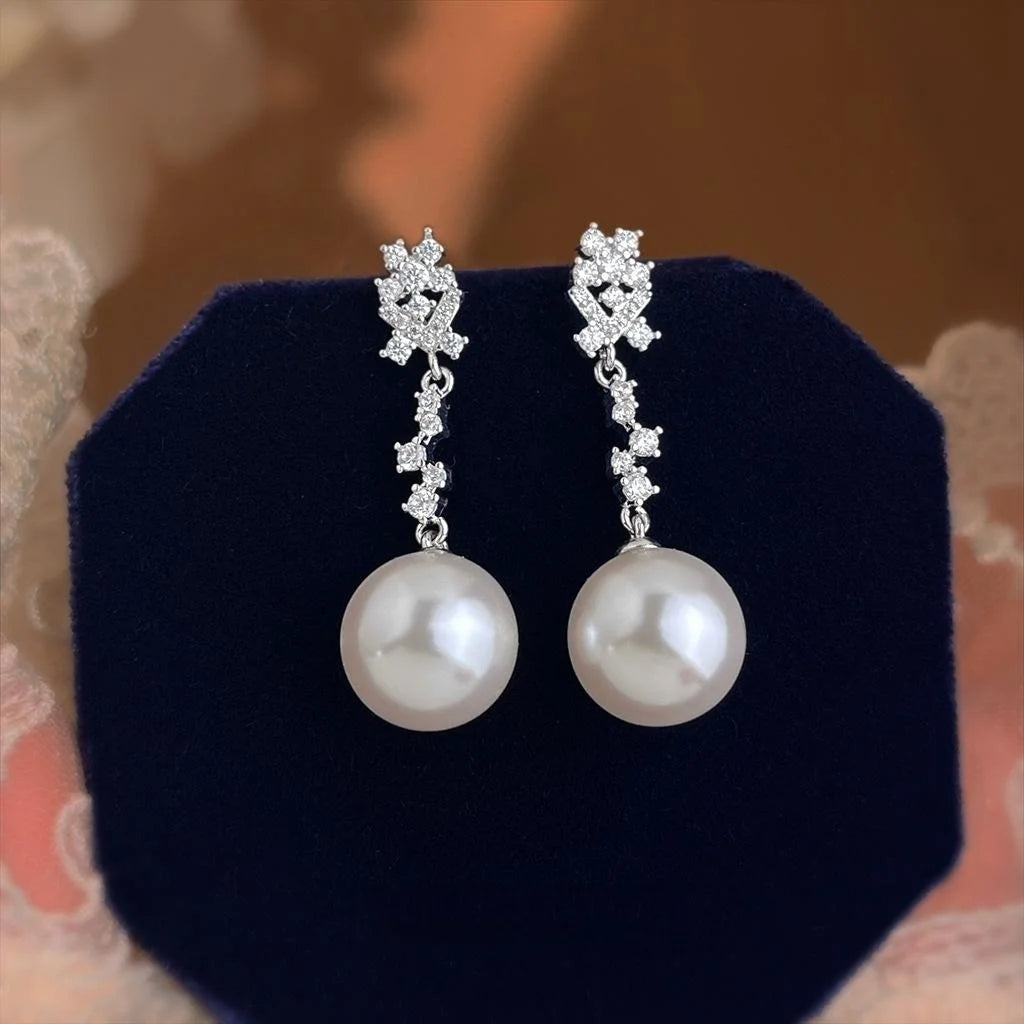 Elegant Geometric Tassel Drop Earrings With Large Glass Pearl Zircon Copper