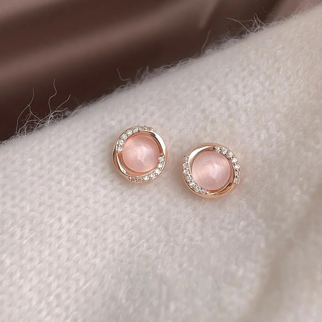 Rose Gold Plated Copper Round Glass Cat Eye Stone Zircon Micro Pave Minimalist Stud Earrings