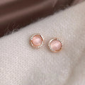 Rose Gold Plated Copper Round Glass Cat Eye Stone Zircon Micro Pave Minimalist Stud Earrings