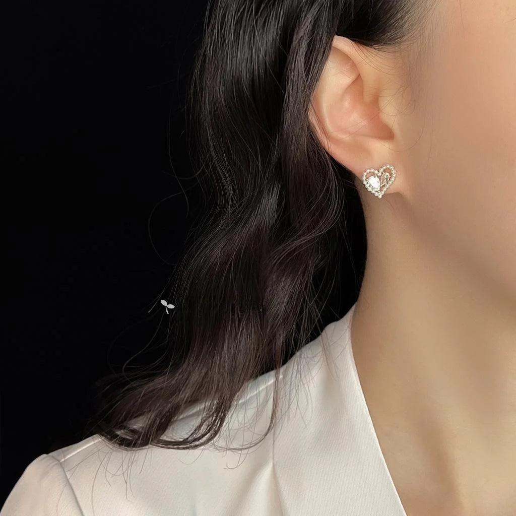 French Minimalist Heart Teardrop Zircon Stud Earrings Sweet Korean Style Copper