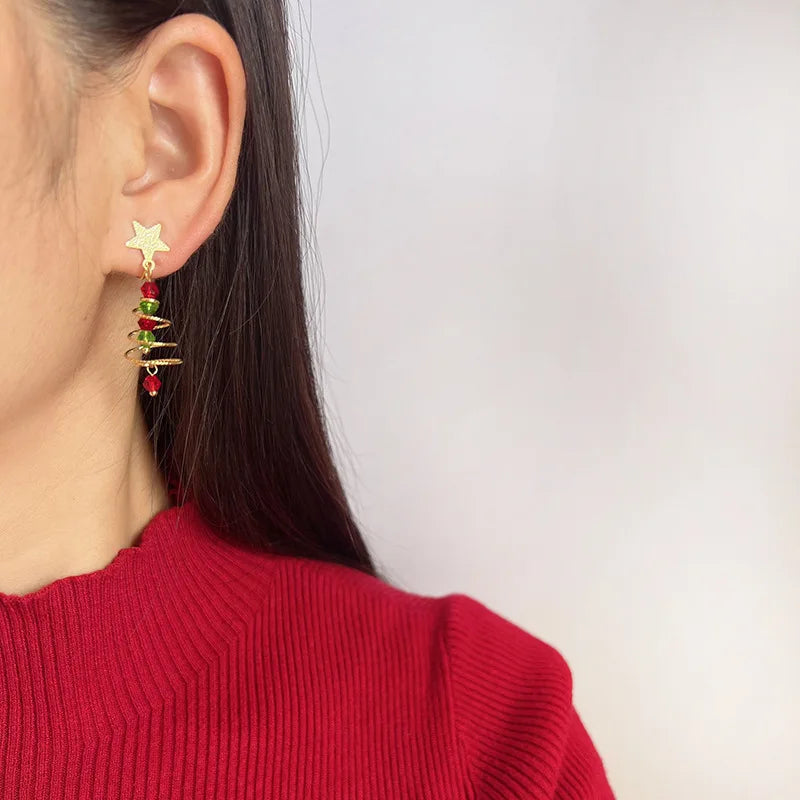 Elegant Handmade Christmas Tree Star Alloy Crystal Bead Stud & Clip On No Piercing Holiday Earrings