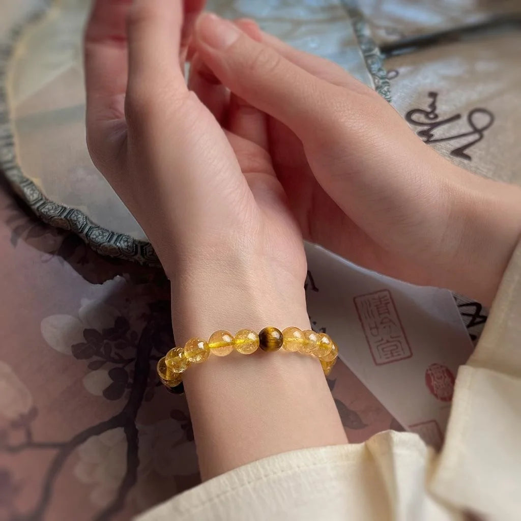 Natural Tiger Eye And Citrine Crystal Bracelet, Geometric Round Bead Chinese Style Jewelry