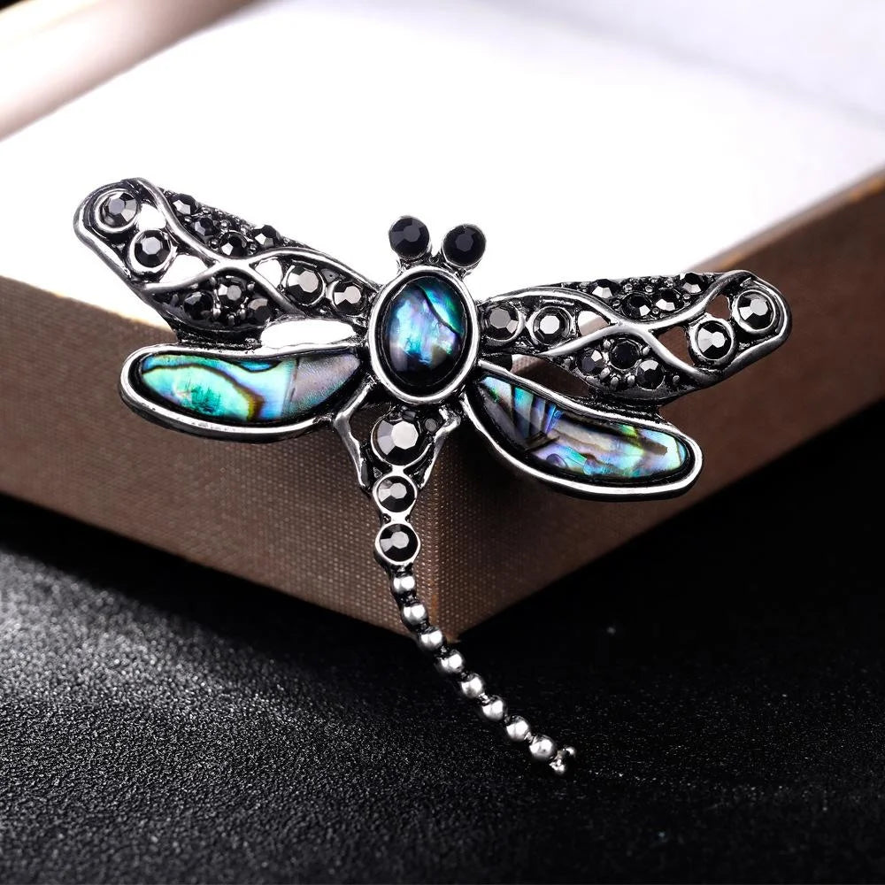 Vintage Dragonfly Mother Of Pearl Rhinestone Alloy Brooch Elegant Lapel Pin Scarf Buckle Suit Accessory Gift