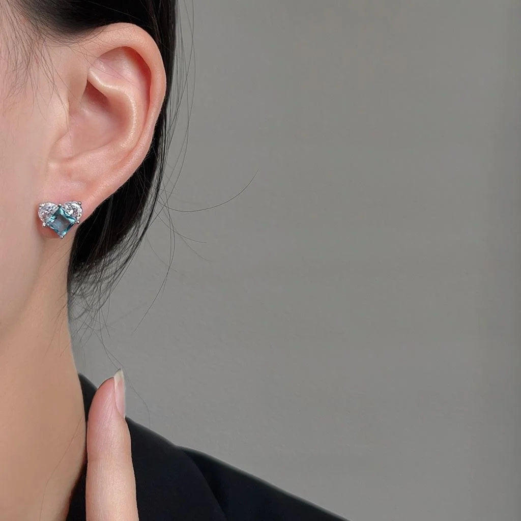 Sweet Cool Blue Micro Pave Zircon Heart Stud Earrings, Copper Mini Minimalist