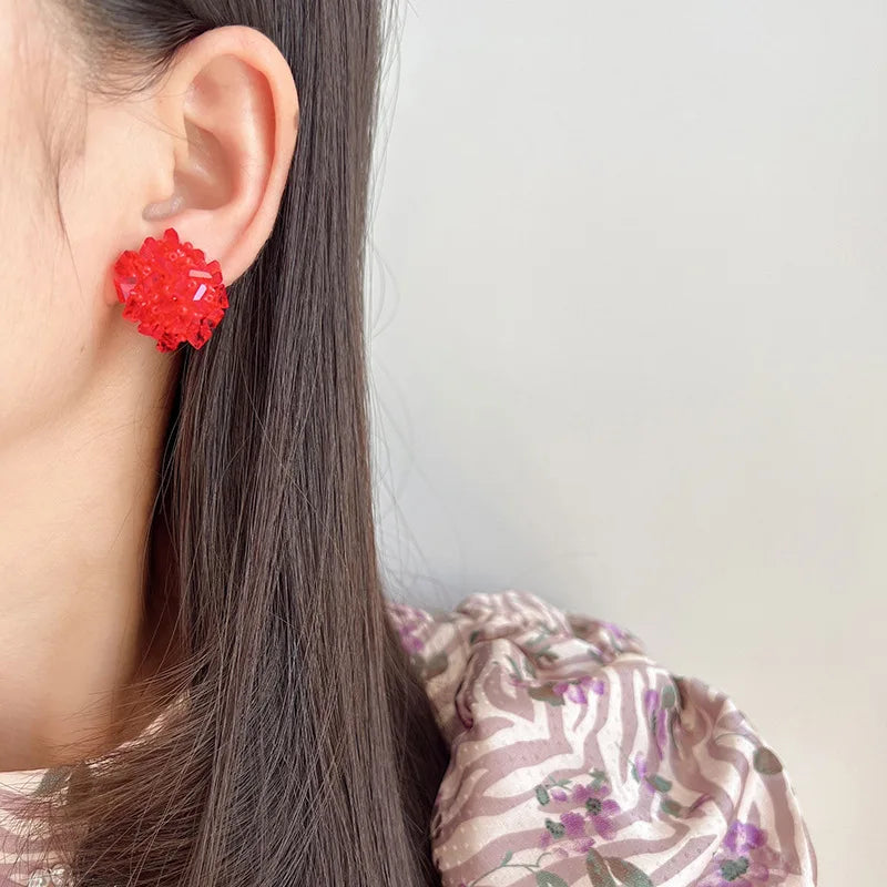 Sweet Red Crystal Beaded Flower Stud & Clip On No Piercing Handmade Statement Womens Earrings
