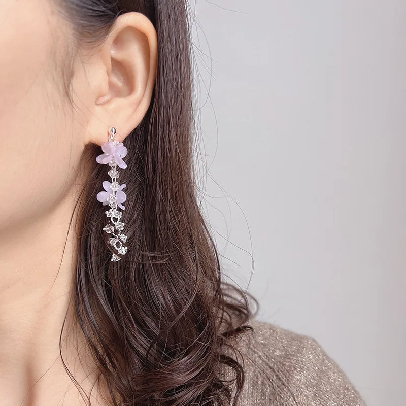 Elegant Light Purple Flower Crystal Long Tassel Stud & Clip On No Piercing Silver Alloy Earrings