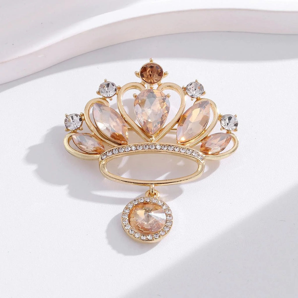Luxury Crown Brooch With Champagne Rhinestone Pendant, Elegant Lapel Pin Corsage Suit Accessory Gift