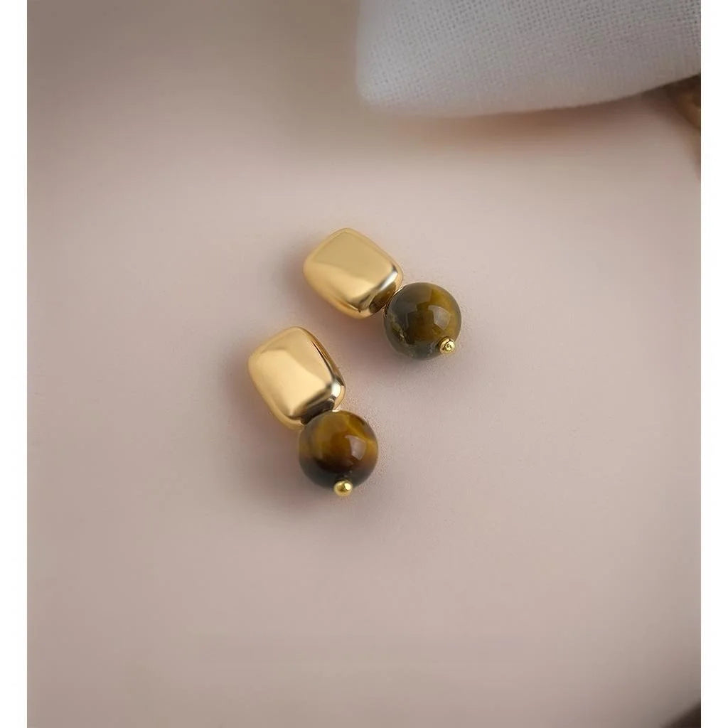 Maillard Style 14K Plated Copper Tiger Eye Stone Geometric Square Drop Earrings