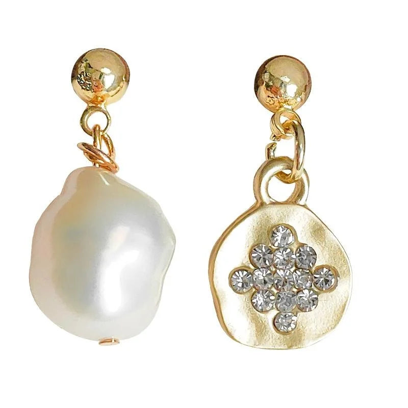 French Vintage Baroque Freshwater Pearl Asymmetric Irregular Copper Drop Earrings