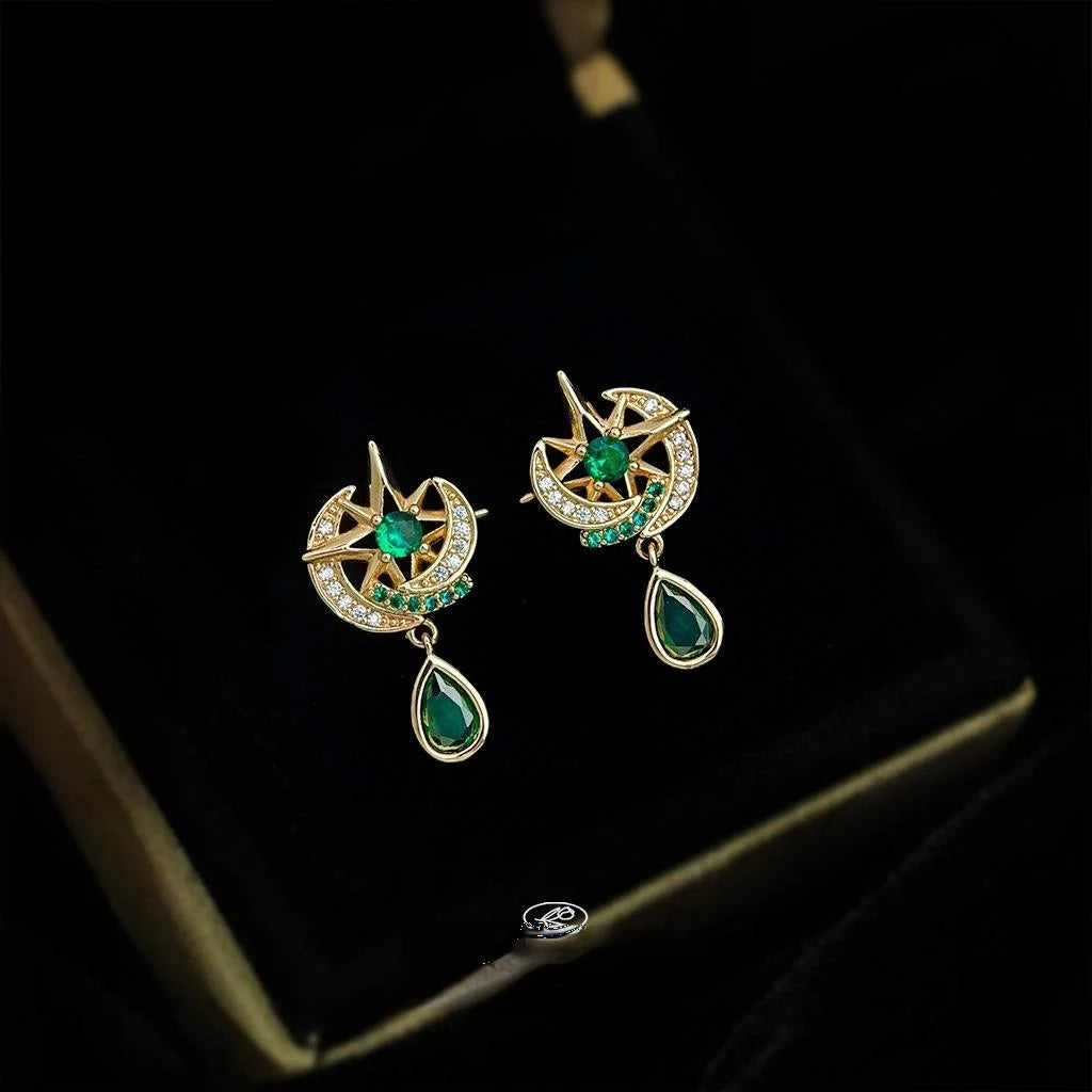 14K Gold Plated Moon Eight Point Star Micro Pave Zircon Copper Drop Earrings