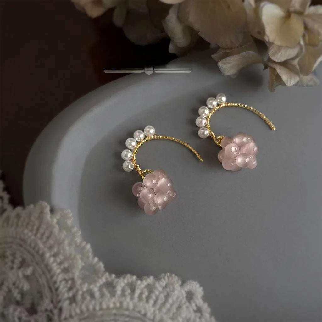 French Vintage 14K Gold Plated Glass Cat Eye Round Fruit Drop Earrings for Women