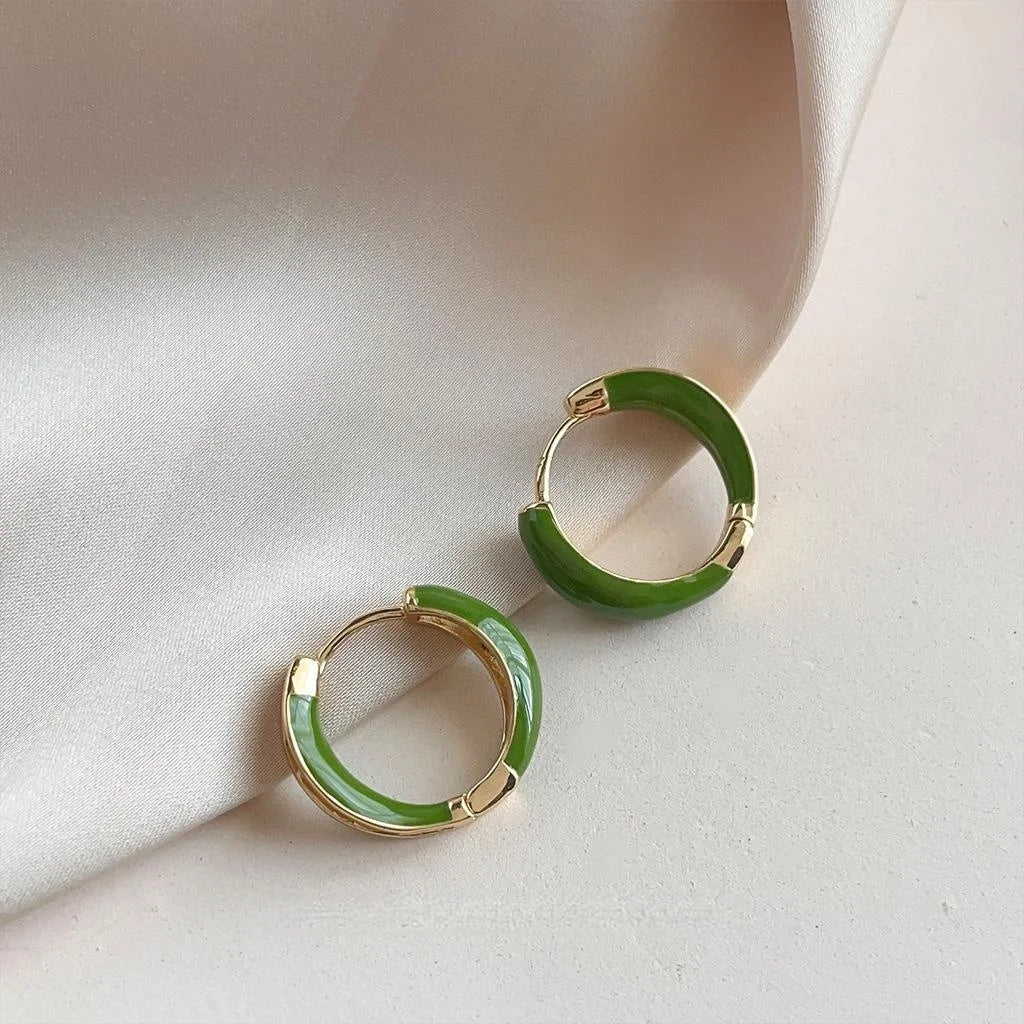 French Vintage Green Enamel Copper Hollow Round Hoop Stud Earrings Minimalist Geometric Jewelry
