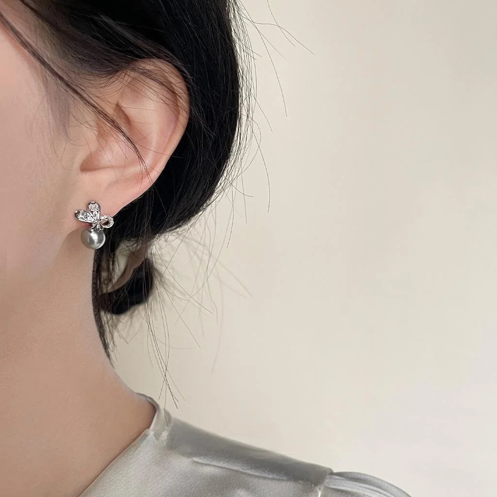 Luxury Bow Butterfly Stud Earrings With Micro Pave Zircon And Gray Glass Pearl Copper