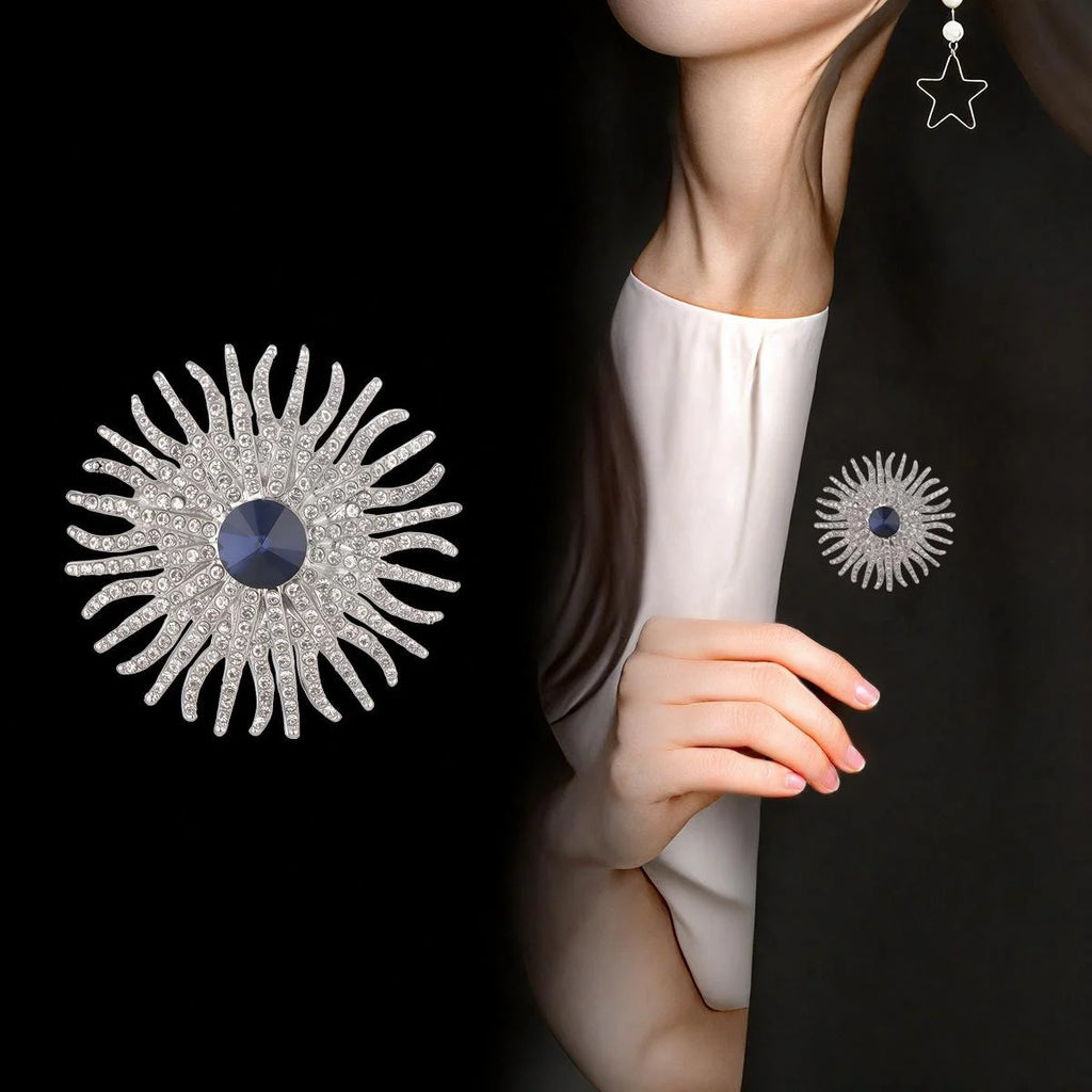 Luxury Sunflower Sunburst Rhinestone Brooch With Blue Glass Center, Elegant Women's Lapel Pin Suit Accessory