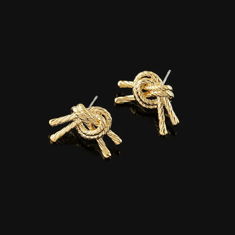 French Vintage Gold Alloy Twisted Rope Knot Stud & Clip On No Piercing Elegant Statement Earrings