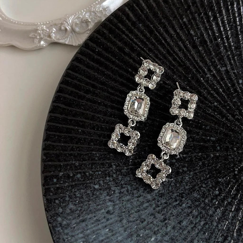Light Luxury Geometric Square Glass Rhinestone Long Stud Earrings For Evening Wear