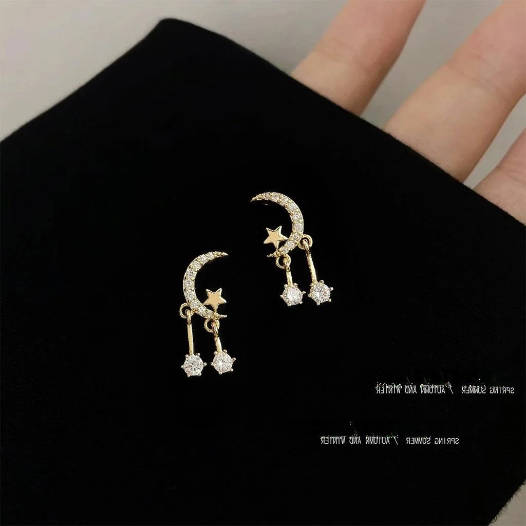 14K Gold Plated Copper Moon Star Zircon Stud Earrings Minimalist Designer Jewelry