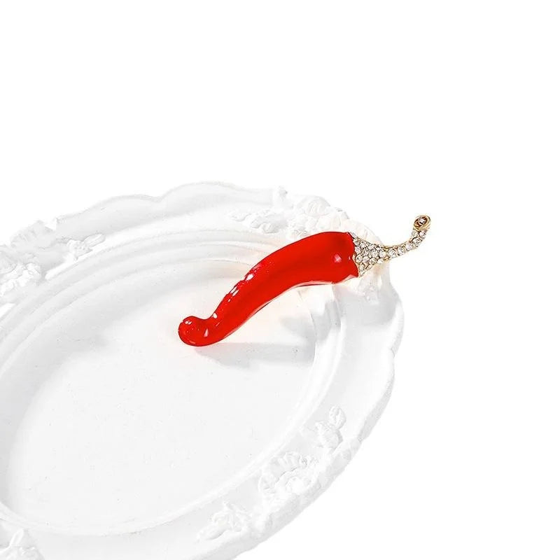 Cute Red Enamel Chili Pepper Brooch With Rhinestone Stem, Vegetable Lapel Pin Corsage Gift