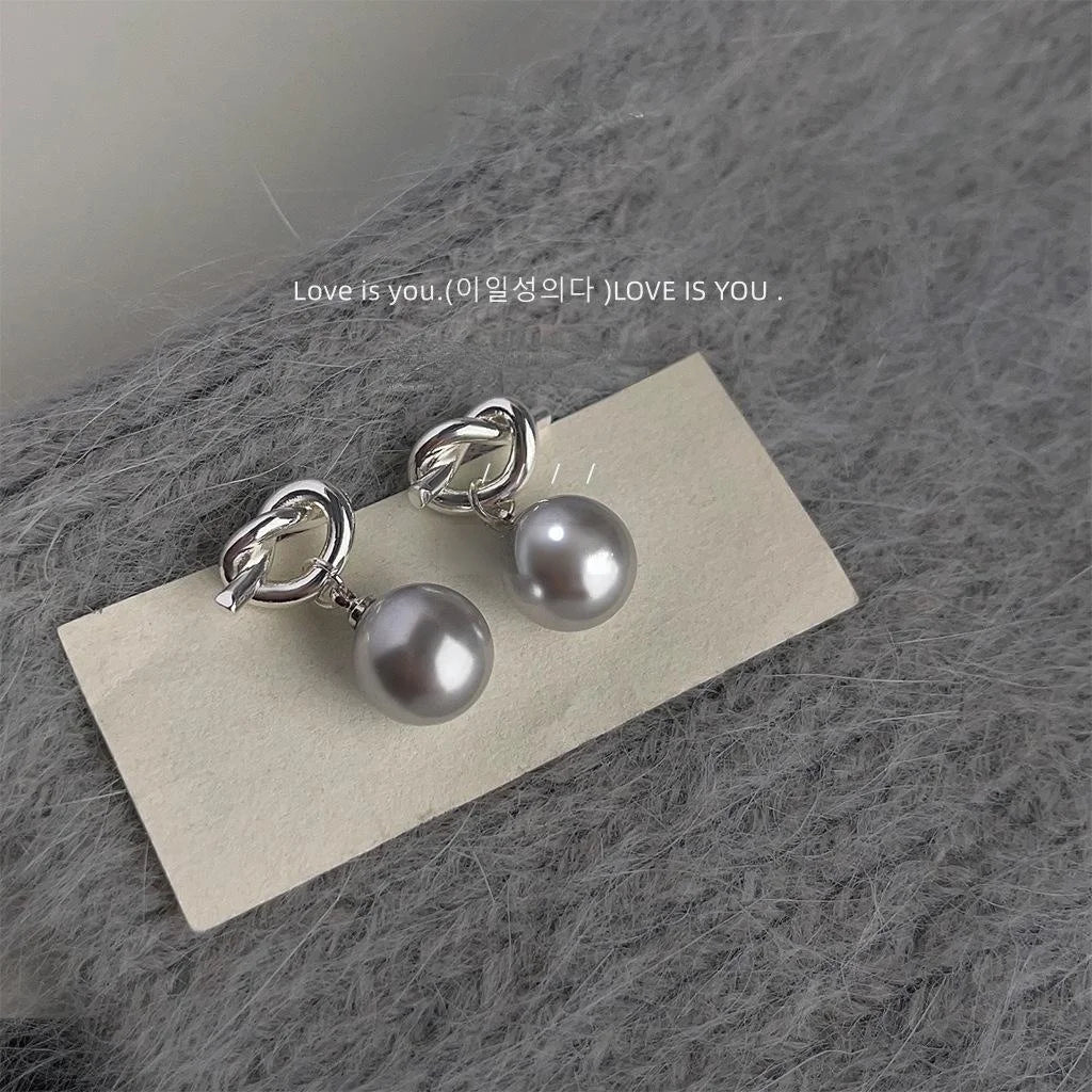 Luxury Minimalist Gray Pearl Knot Copper Drop Earrings Geometric Hoop Style