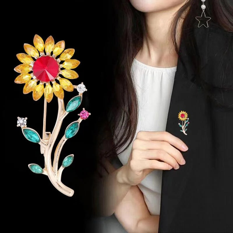 Elegant Sunflower Rhinestone Alloy Brooch With Crystal Leaves, Women's Lapel Pin Corsage Gift