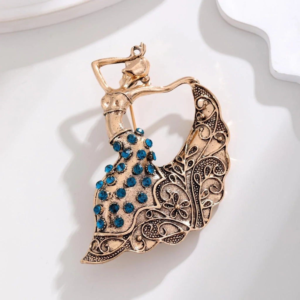 Vintage Ethnic Dancing Girl Brooch With Blue Rhinestones, Antique Gold Alloy Lapel Pin Suit Accessory