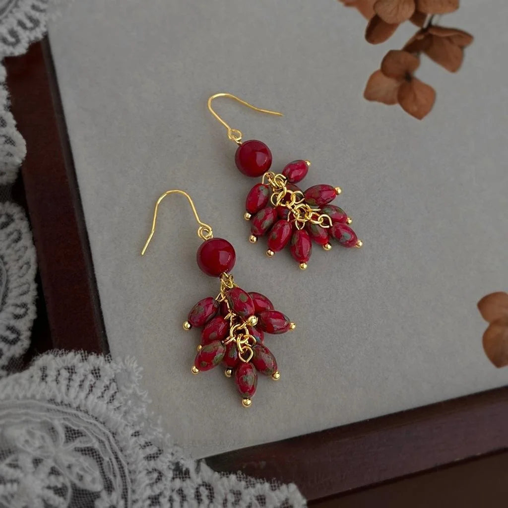 Handmade Chinese Style Fiery Red Glass Beaded Long Tassel Drop Earrings With Copper Hooks