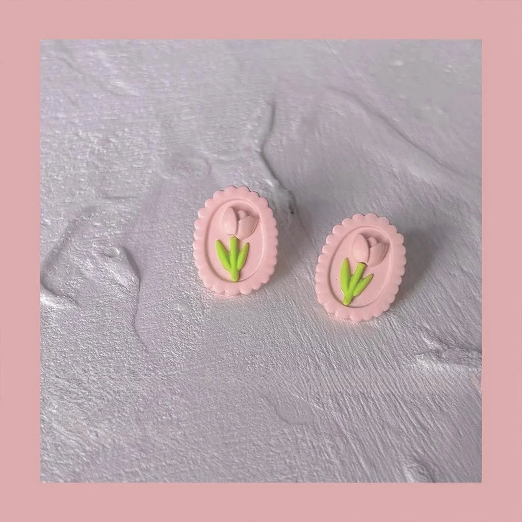 Pink Tulip Flower Stud Earrings Alloy Sweet Vacation Style Jewelry