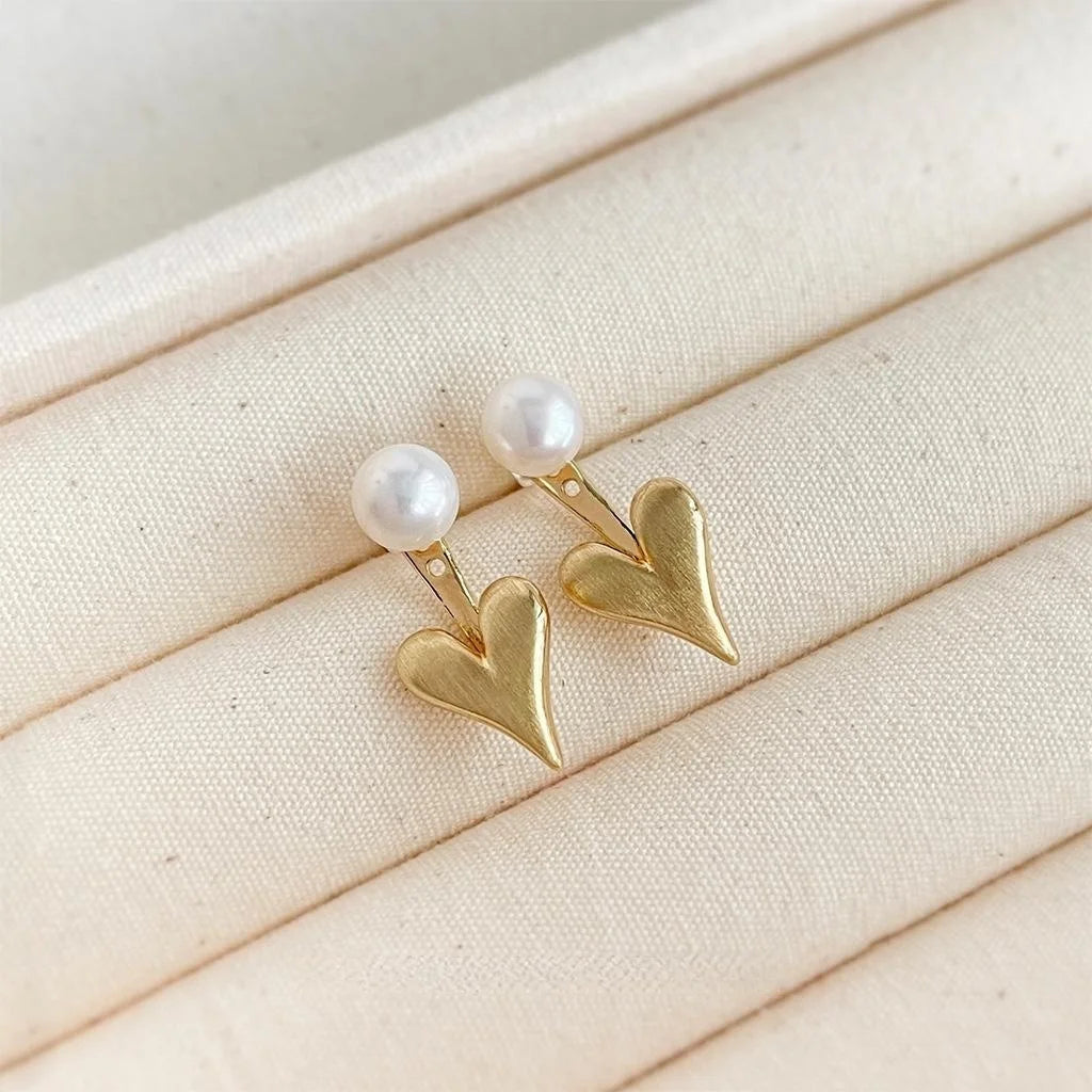14K Plated Copper Heart Drop Earrings With Freshwater Pearl And Brushed Finish