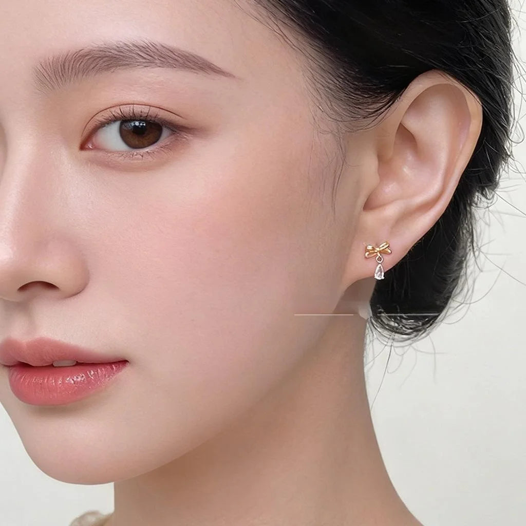 French Vintage Copper Bow Teardrop Stud Earrings With Micro Pave Zircon Sweet Commuter Jewelry