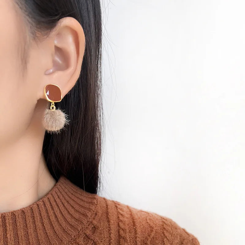 Elegant Brown Enamel Geometric Fuzzy Pom Pom Alloy Stud & Clip On No Piercing Drop Earrings