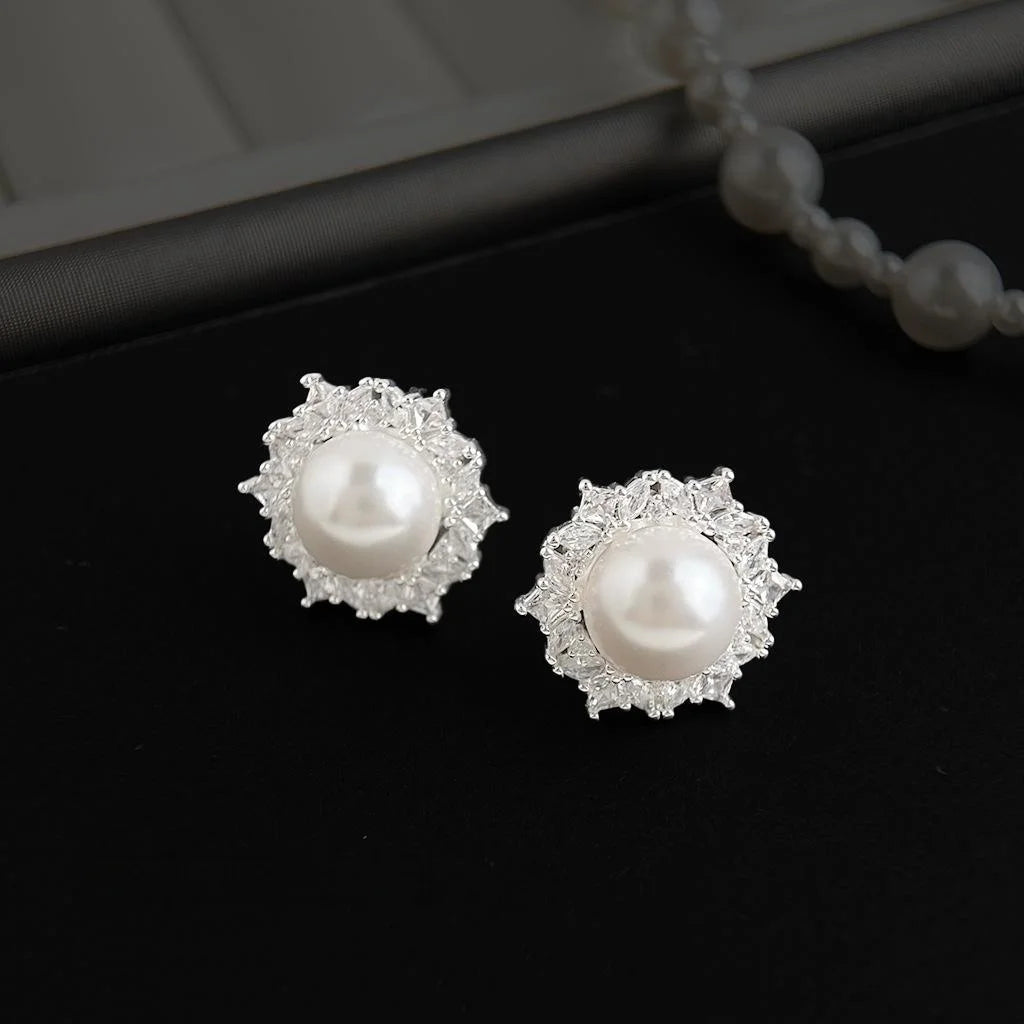 Elegant Round Geometric Zircon Glass Pearl Copper Stud Earrings