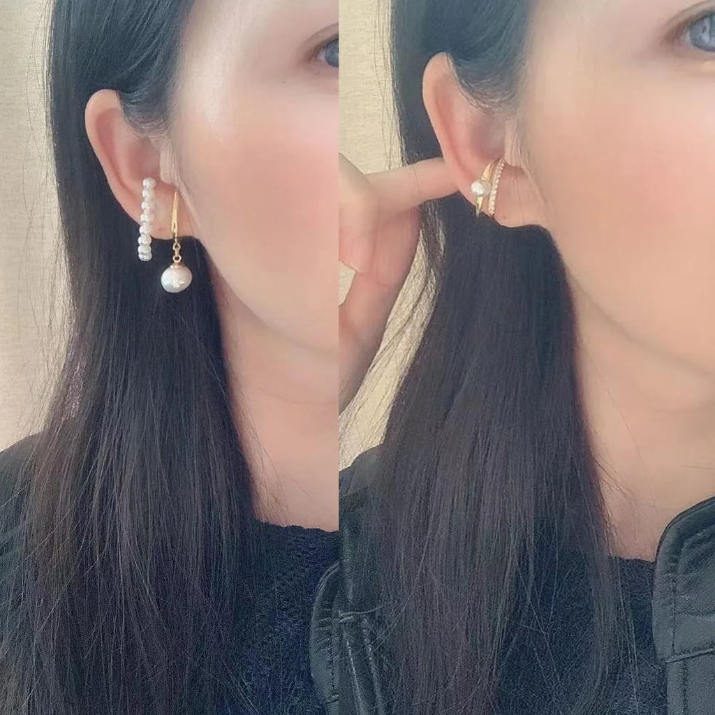 Elegant Gold Alloy Pearl Ear Cuff Hoop Stud & Clip On No Piercing Rhinestone Ear Bone Wrap Earrings