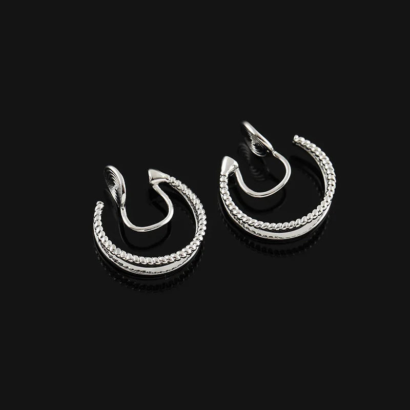 Vintage Double Hoop Spiral Alloy Stud & Clip On No Piercing Hong Kong Style Hoop Earrings