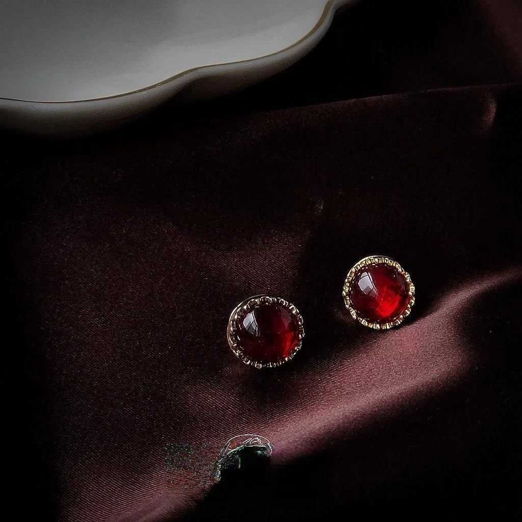 Vintage Palace Round Resin Ruby Stud Earrings 14K Gold Plated Burgundy Jewelry