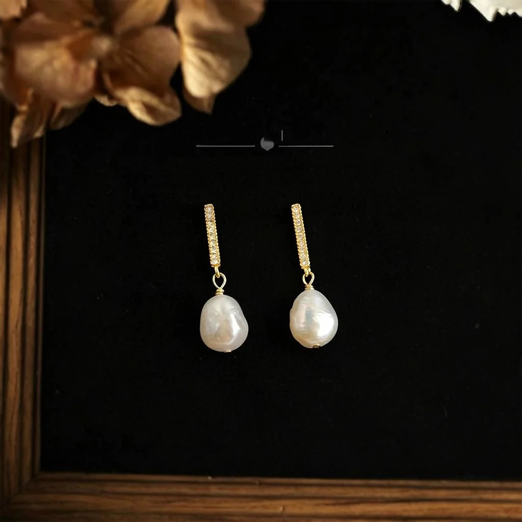 Baroque Irregular Freshwater Pearl Micro Pave Zircon Copper Stud Earrings Silver Plated Handmade Jewelry