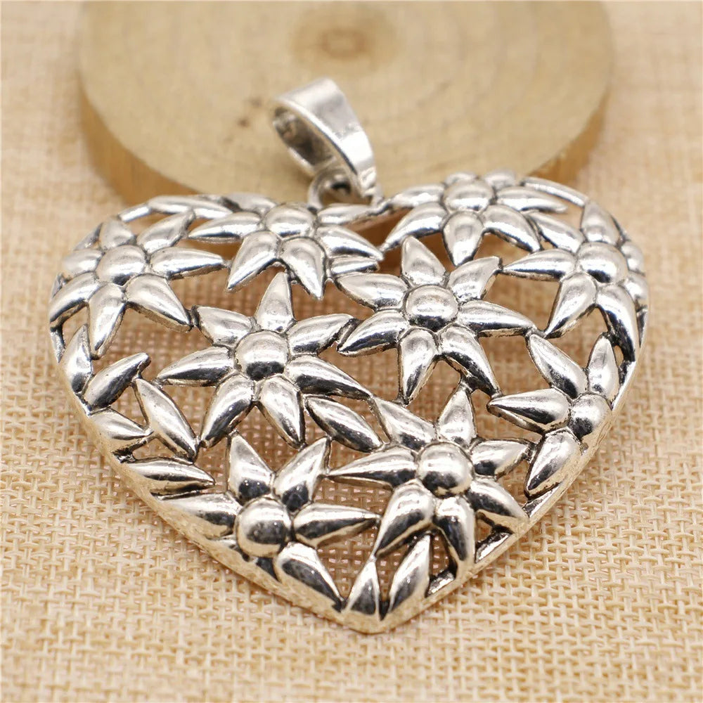 72x67mm 22.1g Antique Silver Zinc Alloy Flower Heart Charm Pendant for DIY Necklace Jewelry Making