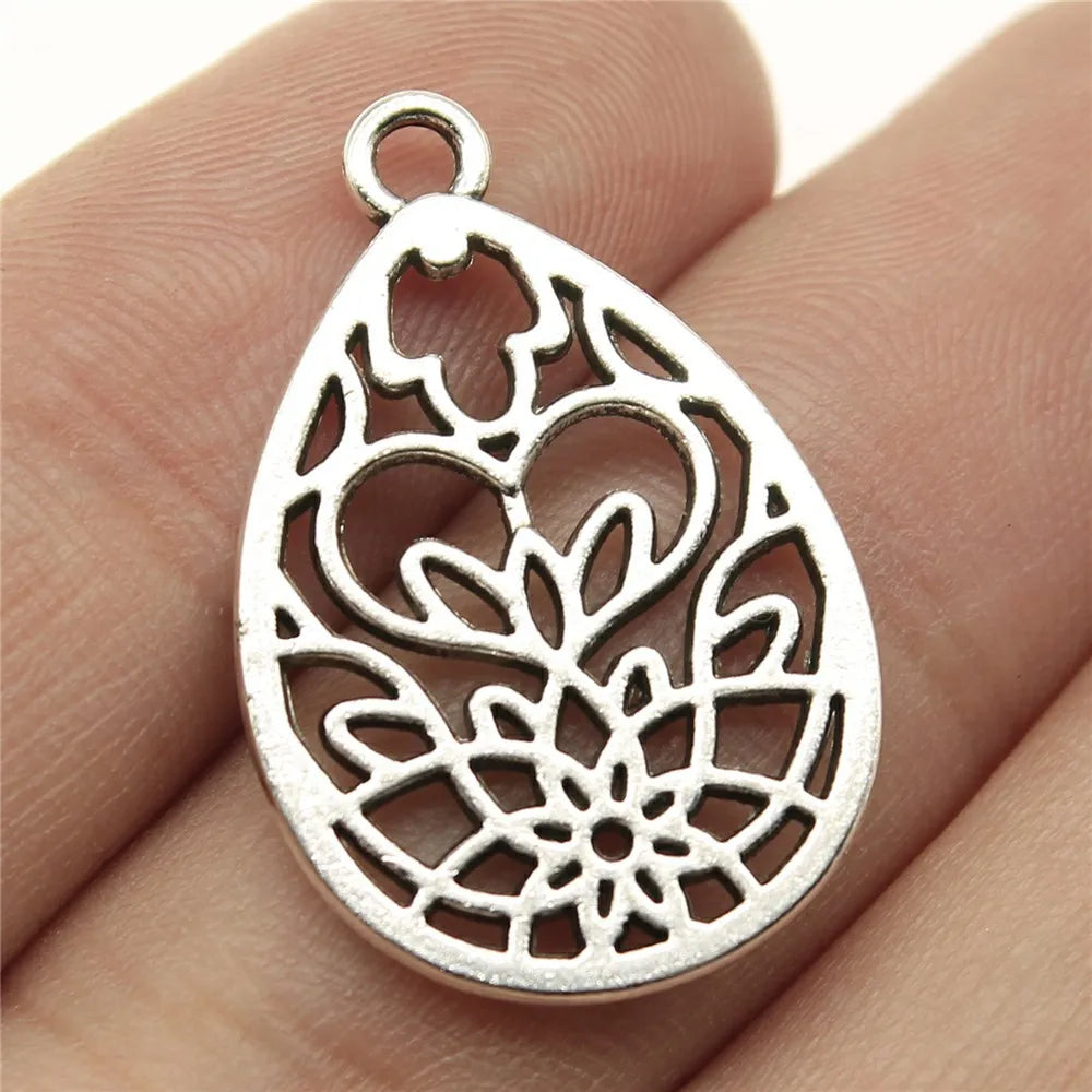 27x18mm 1.9g Zinc Alloy Openwork Waterdrop Teardrop Hollow Earring Charms with Floral Pattern for DIY Jewelry Making
