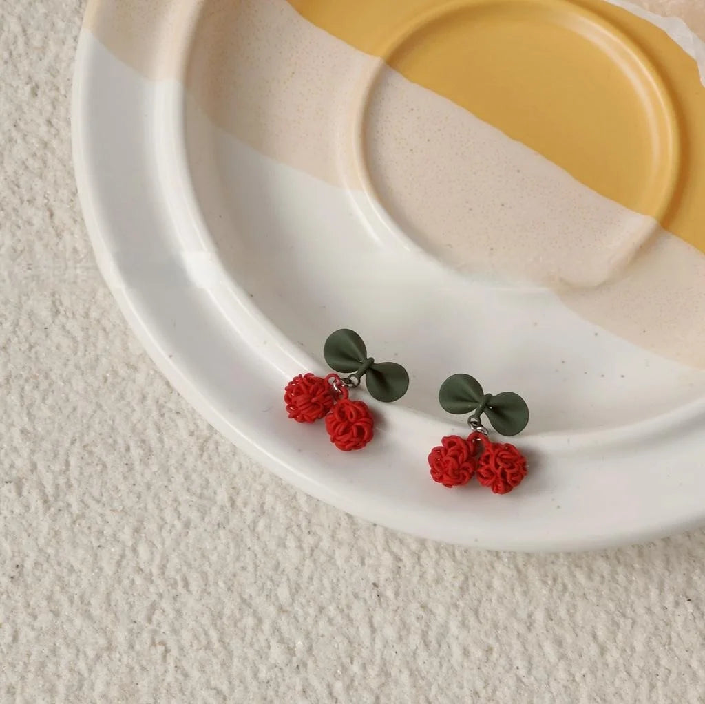 Sweet Cherry Stud Earrings Copper Enamel Leaf Fruit Jewelry