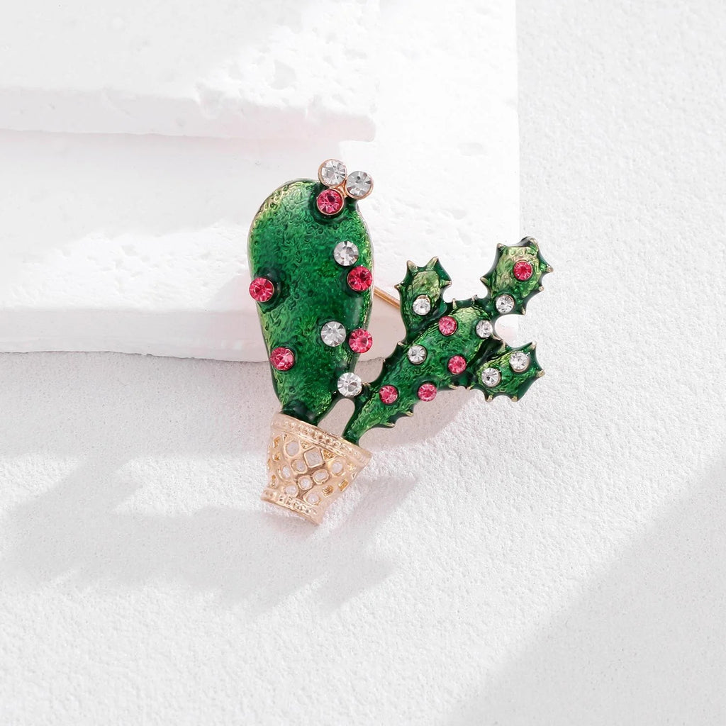 Elegant Green Enamel Cactus Alloy Rhinestone Brooch, Cute Plant Lapel Pin Corsage Sweater Suit Accessory Gift