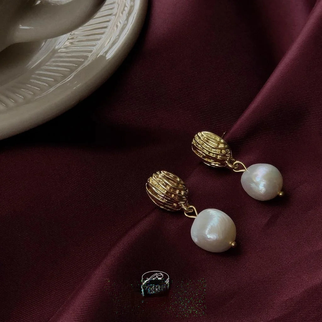 Vintage Baroque Freshwater Pearl Stud Earrings 14K Gold Plated Handmade Geometric Jewelry