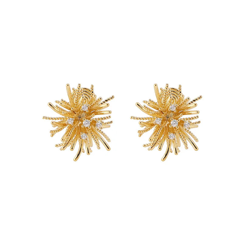 Elegant Gold Alloy Firework Starburst Rhinestone Stud & Clip On No Piercing Statement Earrings