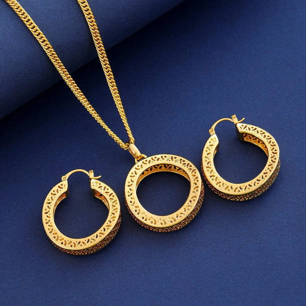 24K Gold Plated Dubai Bridal Jewelry Set With Hollow Round Pendant Necklace And Hoop Earrings For Wedding Gift