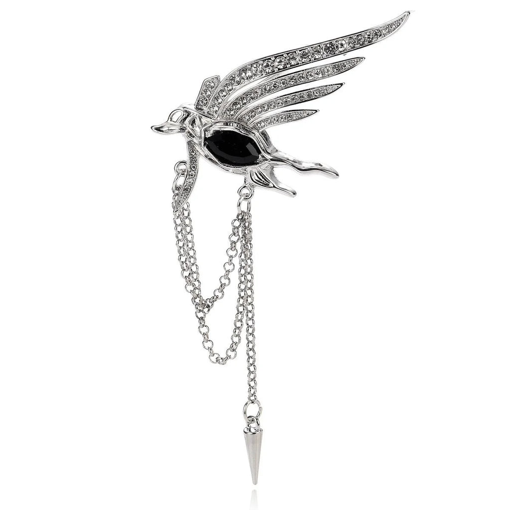 Luxury Gold Alloy Phoenix Wing Brooch With Red Rhinestone And Chain Tassel, Elegant Lapel Pin Gift