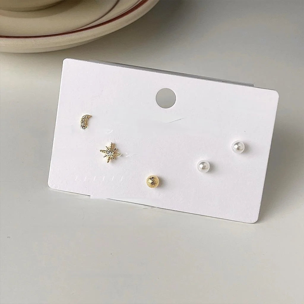 5 Piece Mini Silver Plated Copper Zircon Geometric Stud Earrings For Daily Wear