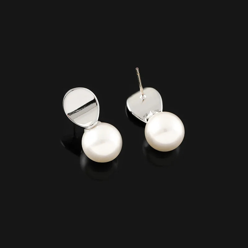 Elegant Oval Disc Faux Pearl Drop Stud & Clip On No Piercing 925 Silver Needle Korean Fashion Earrings