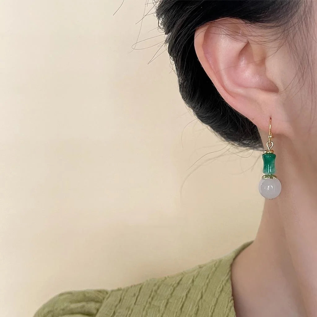 New Chinese Style Bamboo Segment Natural Stone Resin Round Geometric Drop Earrings